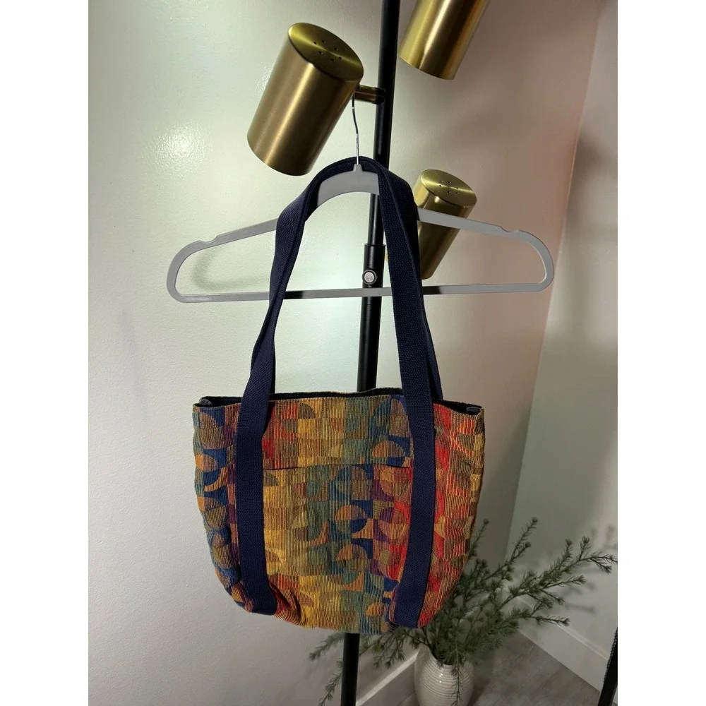 unique tote 80s upholstery patchwork lined rainbow geometric artist day wear bag